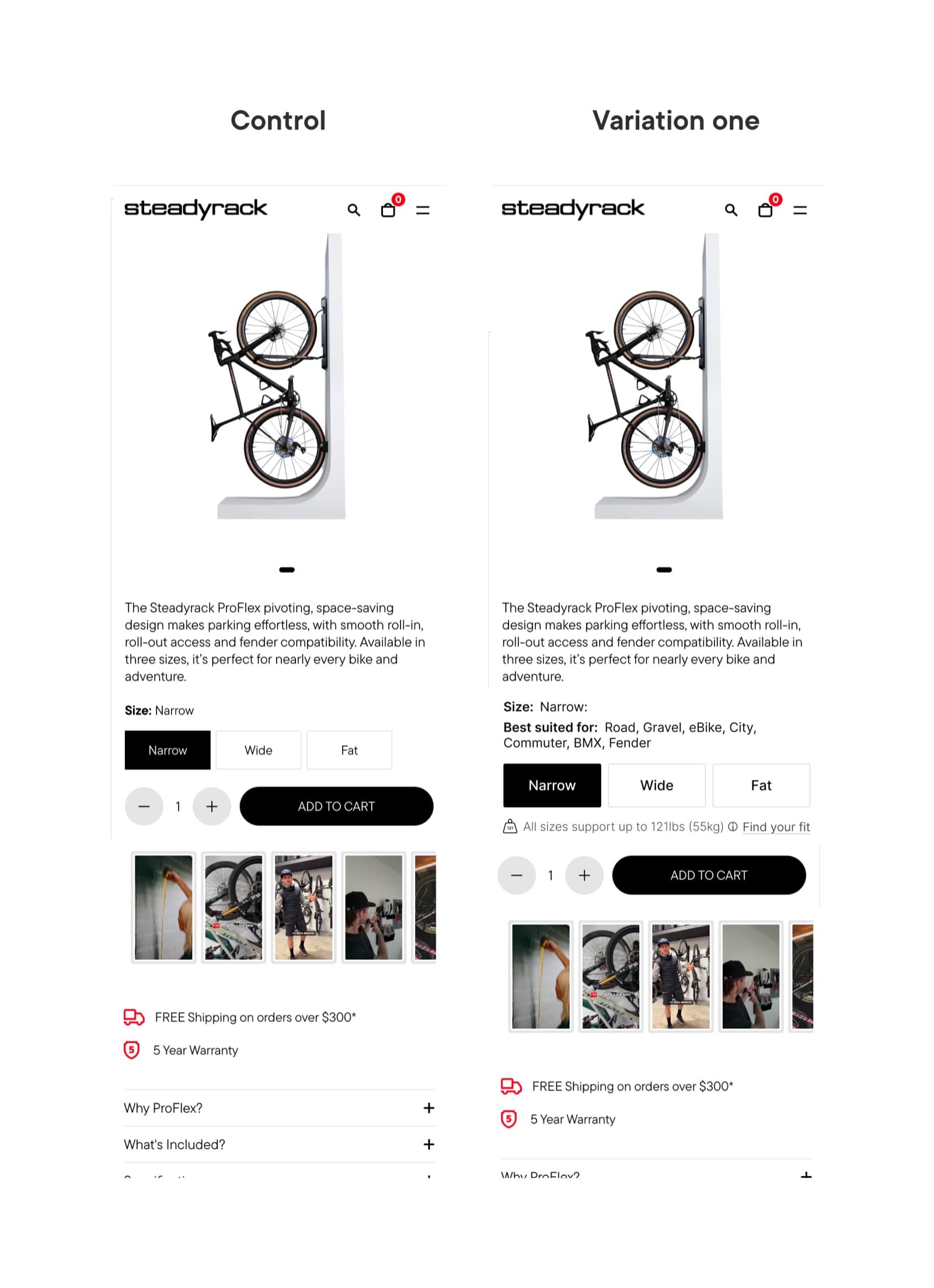Control against variation on the ProFlex product page. The variation adds a Best suited for line naming the bike types each size fits.